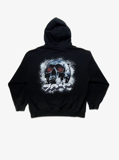 Back view of the Life is Grim hoodie from KIBISHI — heavyweight French terry hoodie with oversized fit, large hood, and bold skull and graffiti graphic on the back.