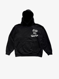 Front view of KIBISHI’s Life is Grim hoodie — black heavyweight streetwear hoodie with white graffiti-style chest print, kangaroo pocket, and oversized hood.