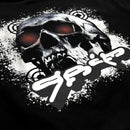 Close-up of the back graphic on the Life is Grim hoodie by KIBISHI — featuring a bold skull illustration with red-tinted eyes and graffiti-style text, printed on heavyweight French terry fabric.