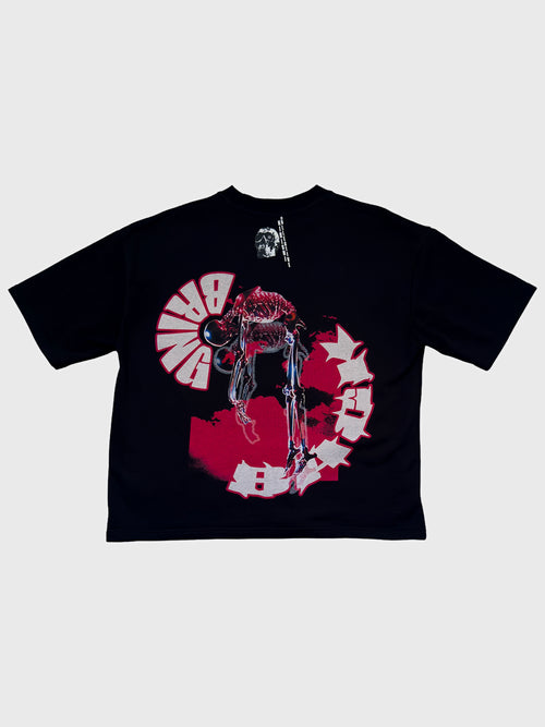 Back of the Redo at Life oversized t-shirt by KIBISHI — black tee featuring bold skeletal artwork, red graffiti accents, and circular text layout in a statement streetwear design.